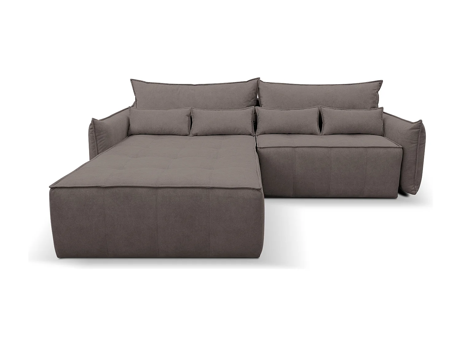 Canapé d'angle Empoli avec fonction couchage et coffre de rangement, couleur : marron, tissu velours, pouf gauche