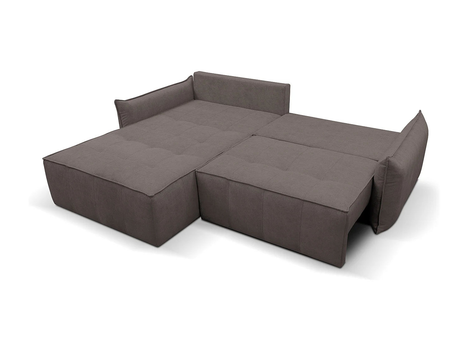 Canapé d'angle Empoli avec fonction couchage et coffre de rangement, couleur : marron, tissu velours, pouf gauche