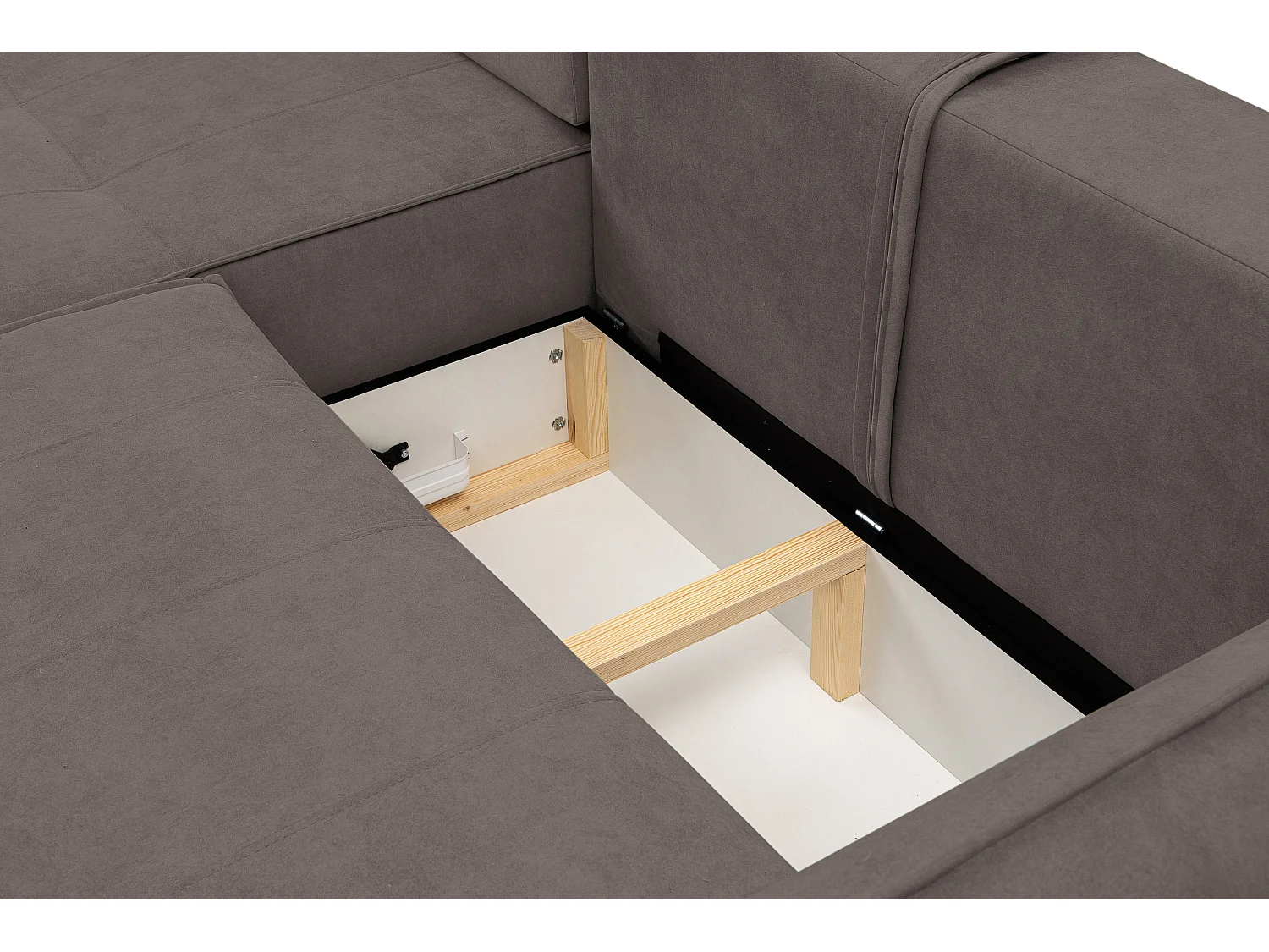 Canapé d'angle Empoli avec fonction couchage et coffre de rangement, couleur : marron, tissu velours, pouf gauche