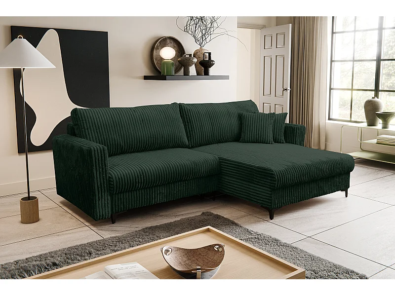 Canapé d'angle Como avec fonction couchage et coffre de rangement, couleur : vert, tissu cordé, pouf à droite