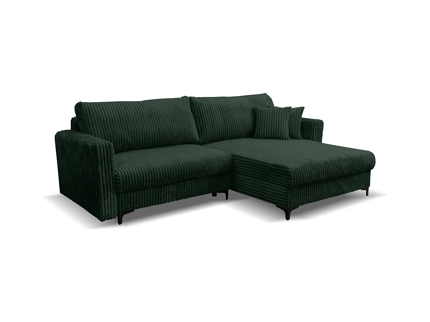 Canapé d'angle Como avec fonction couchage et coffre de rangement, couleur : vert, tissu cordé, pouf à droite