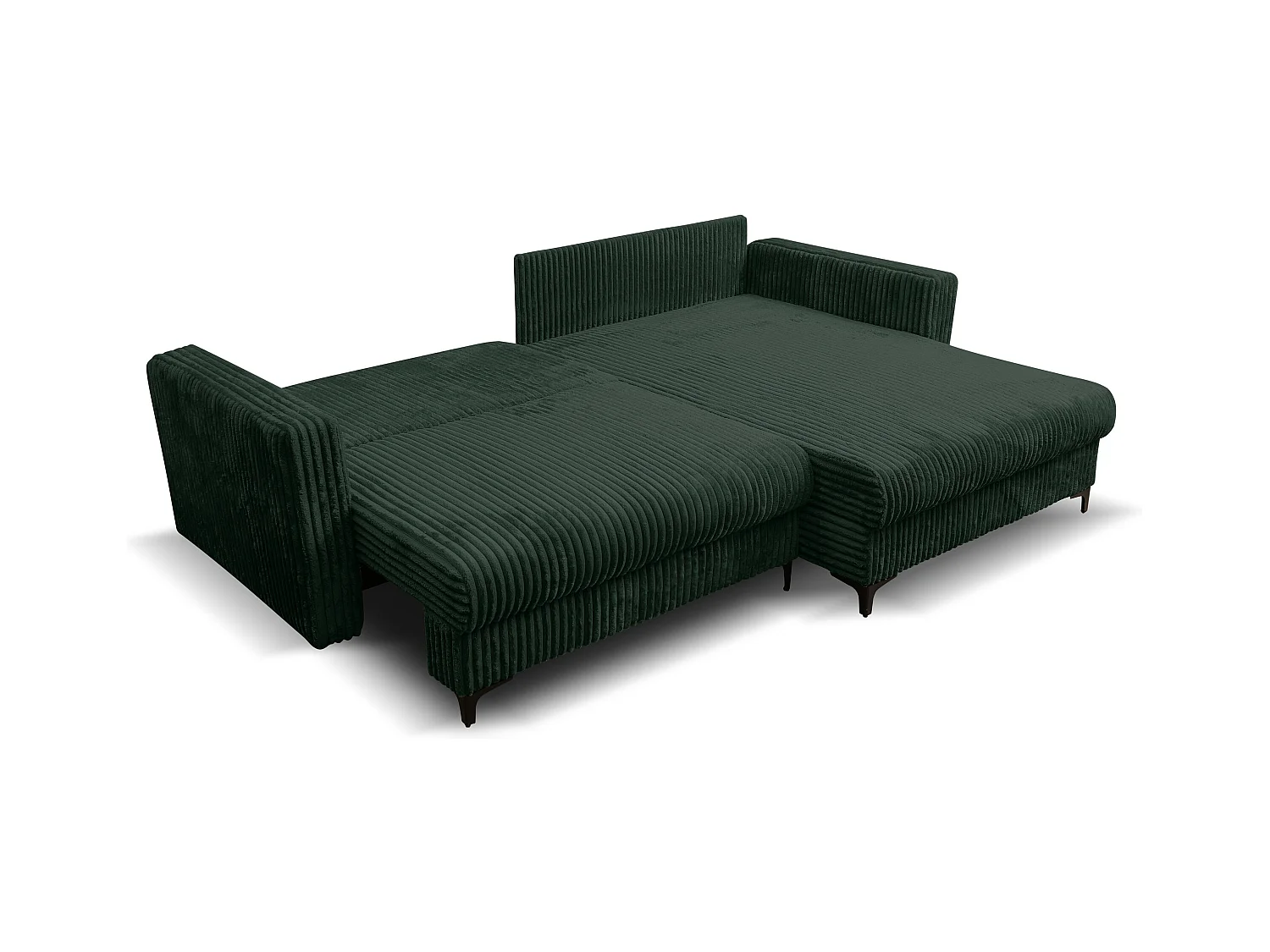 Canapé d'angle Como avec fonction couchage et coffre de rangement, couleur : vert, tissu cordé, pouf à droite