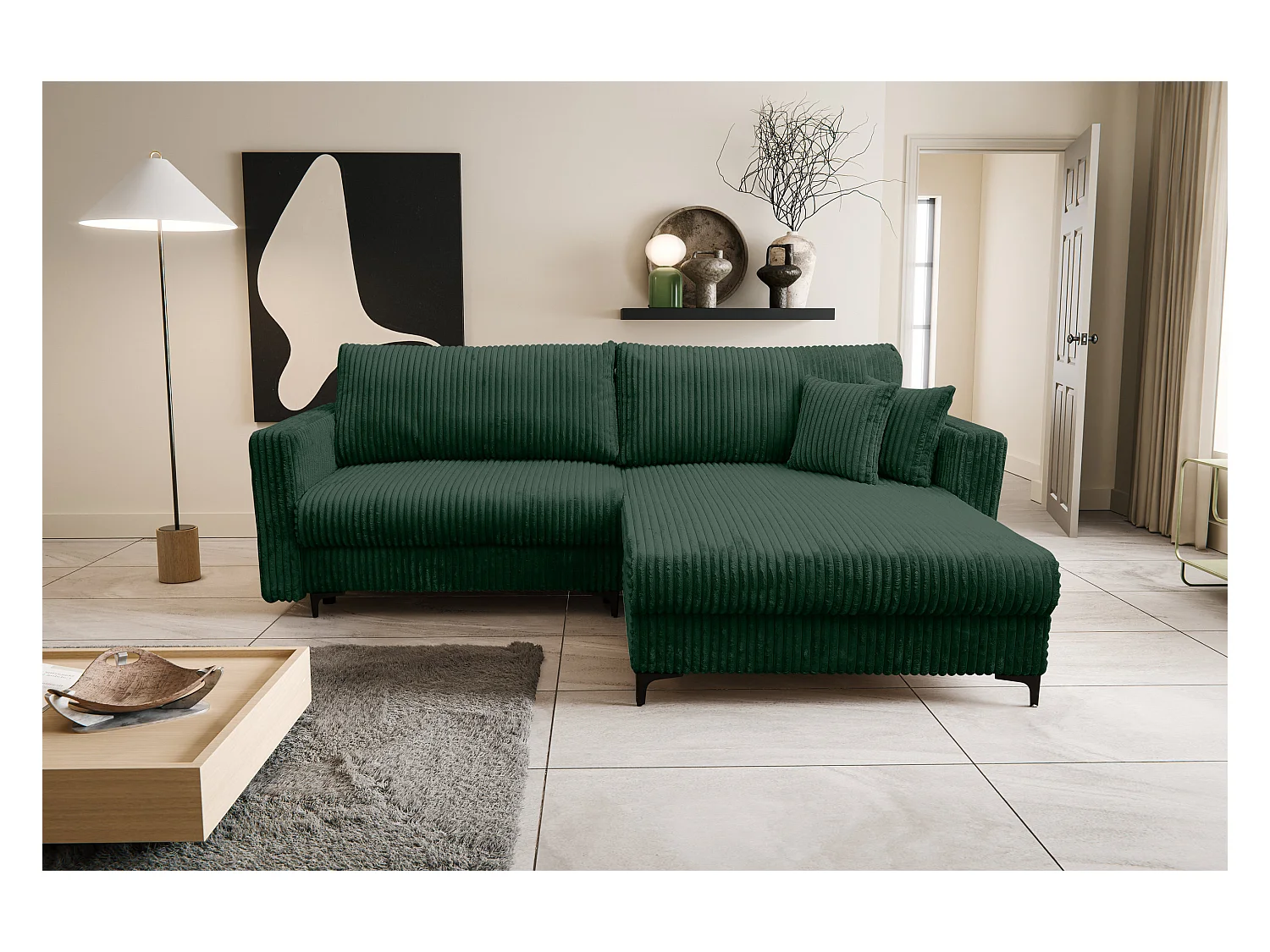 Canapé d'angle Como avec fonction couchage et coffre de rangement, couleur : vert, tissu cordé, pouf à droite