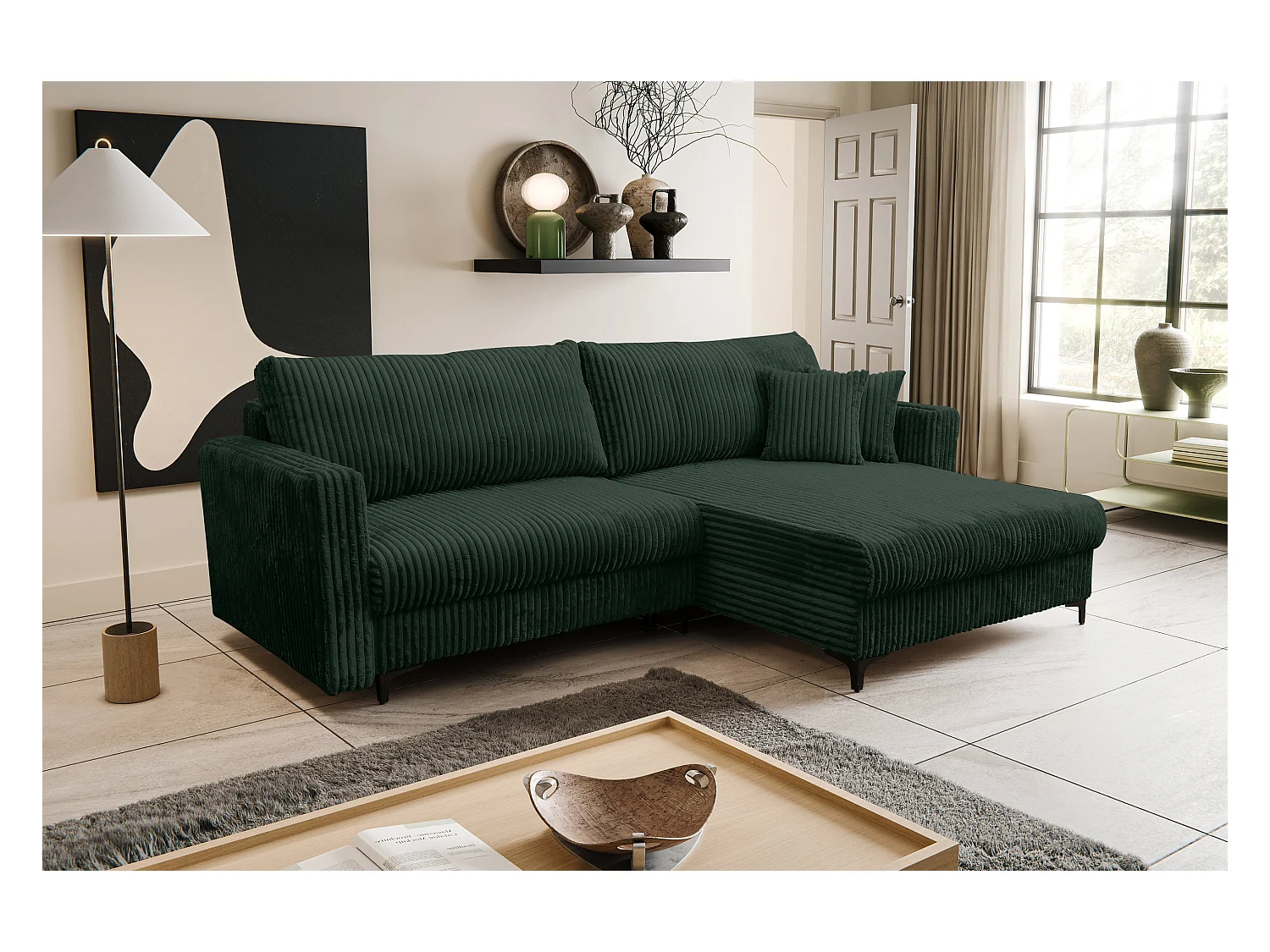 Hoekbank Como, hoekbank in L-vorm met slaapfunctie en bedbak, kleur: groen, corduroy, ottomane rechts