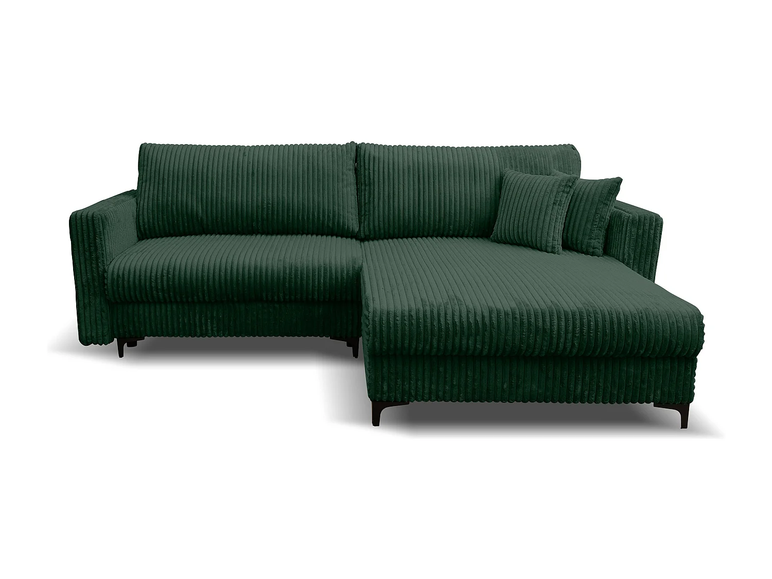 Canapé d'angle Como avec fonction couchage et coffre de rangement, couleur : vert, tissu cordé, pouf à droite