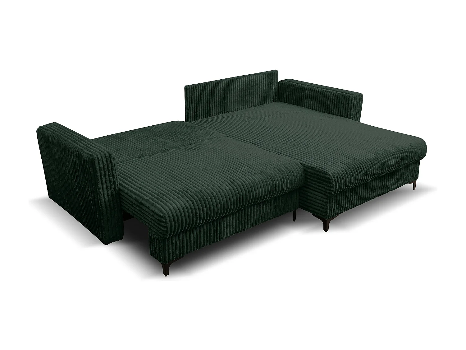 Canapé d'angle Como avec fonction couchage et coffre de rangement, couleur : vert, tissu cordé, pouf à droite