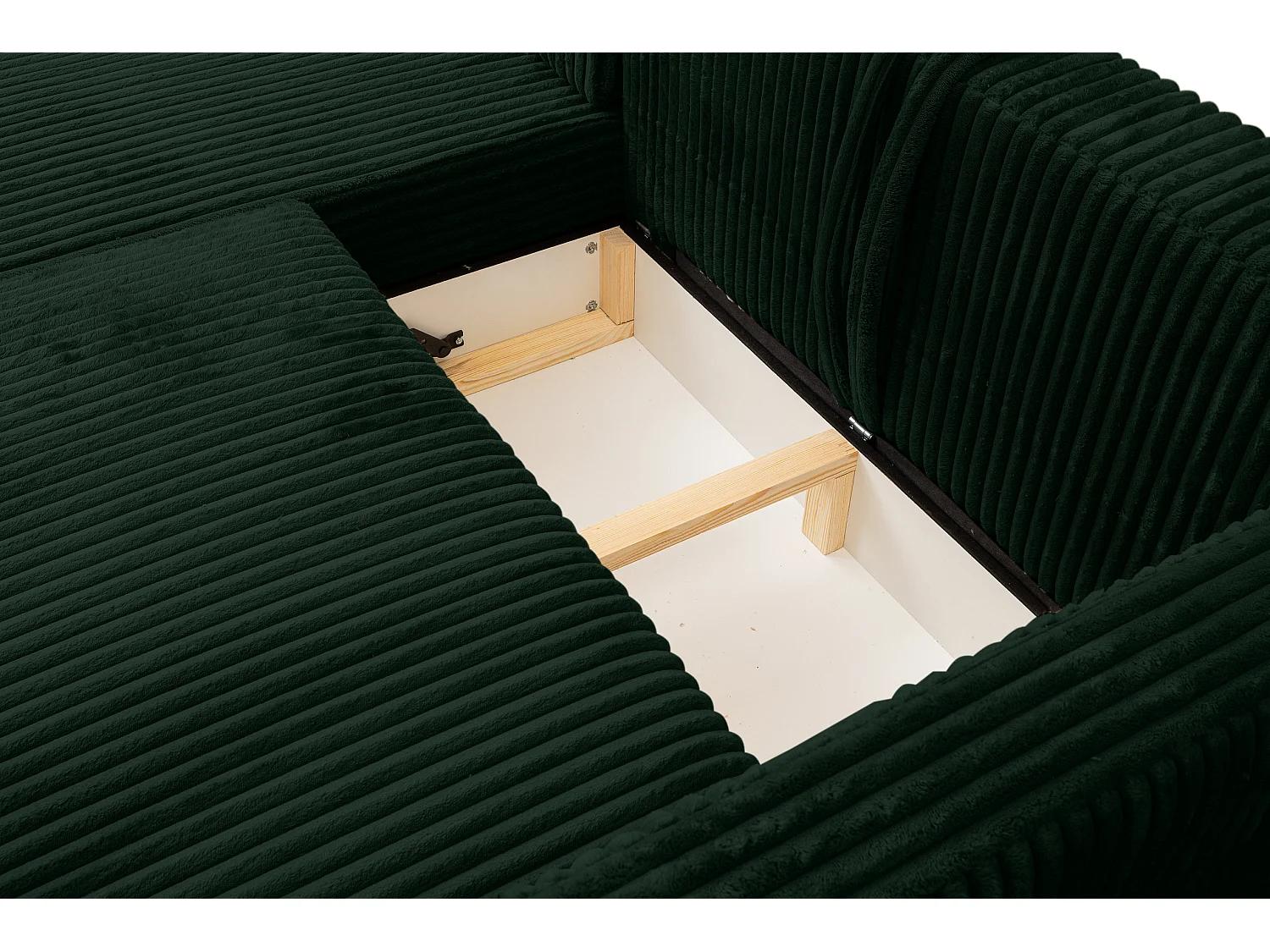 Canapé d'angle Como avec fonction couchage et coffre de rangement, couleur : vert, tissu cordé, pouf à droite