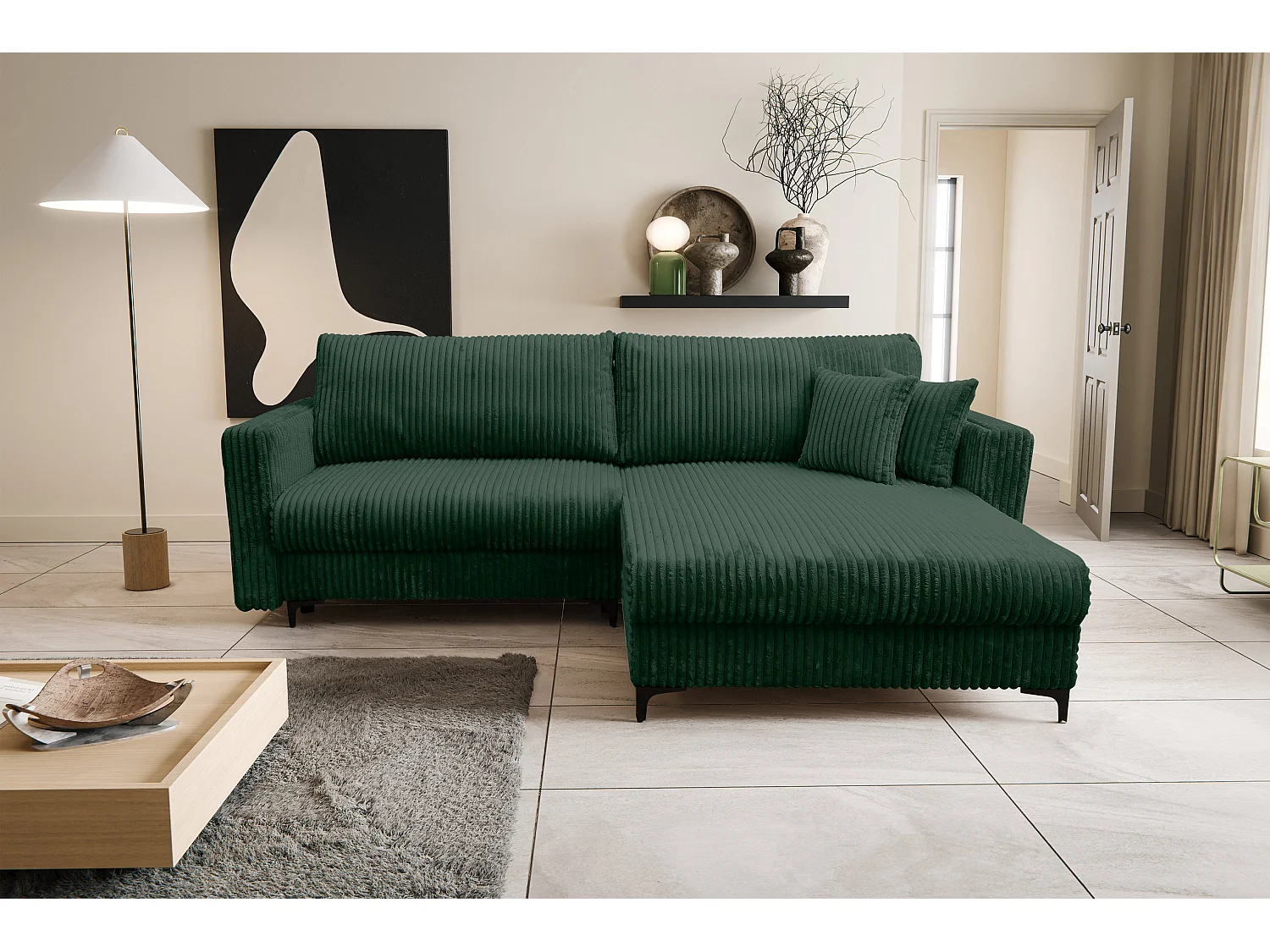 Canapé d'angle Como avec fonction couchage et coffre de rangement, couleur : vert, tissu cordé, pouf à droite