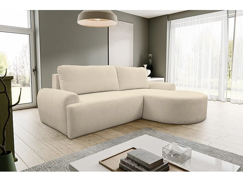 Canapé d'angle Dream avec fonction couchage et coffre de rangement, couleur : beige, tissu bouclé, pouf à droite