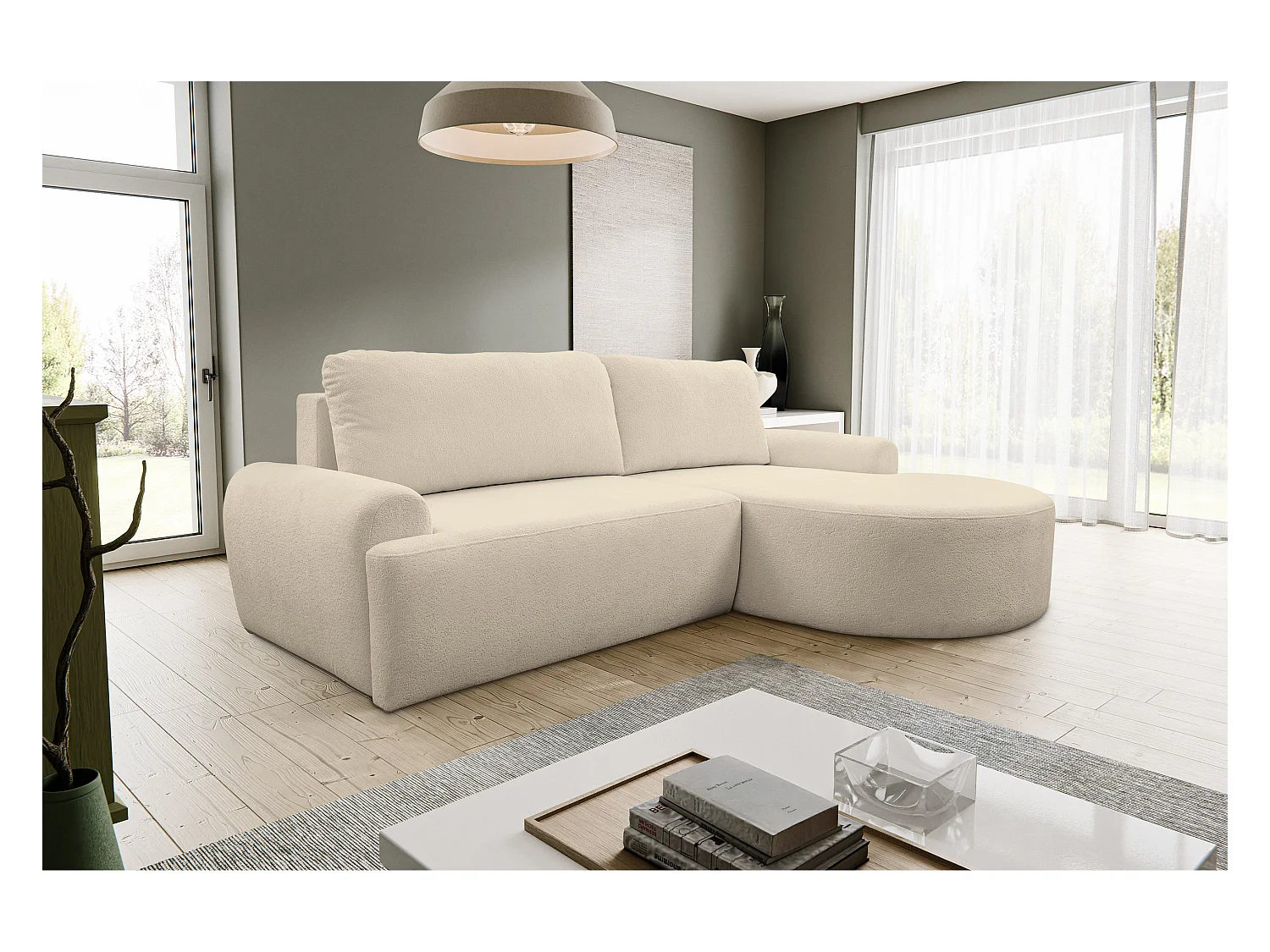 Canapé d'angle Dream avec fonction couchage et coffre de rangement, couleur : beige, tissu bouclé, pouf à droite