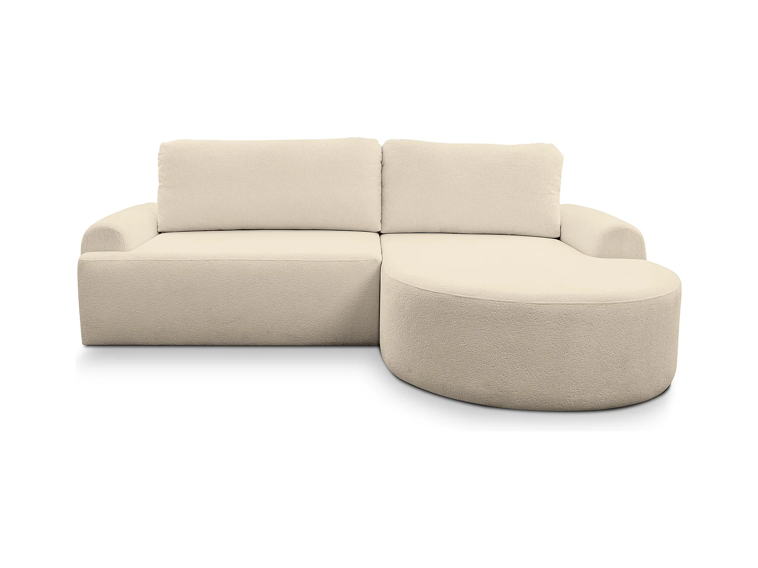 Canapé d'angle Dream avec fonction couchage et coffre de rangement, couleur : beige, tissu bouclé, pouf à droite