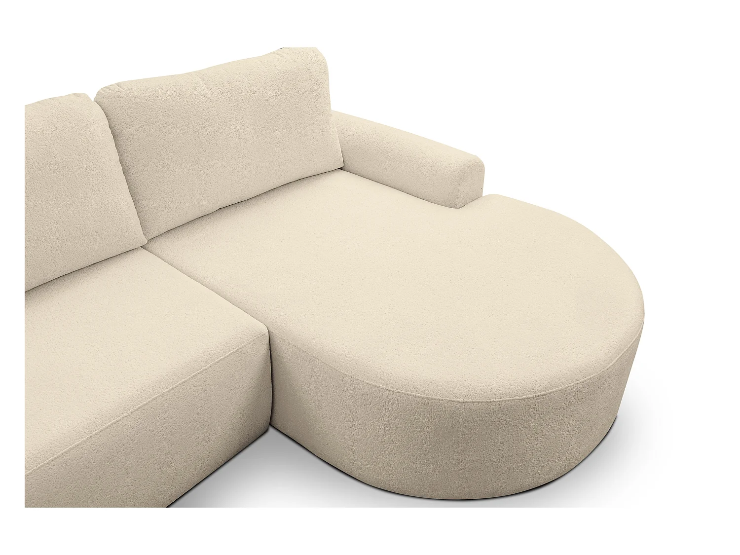 Canapé d'angle Dream avec fonction couchage et coffre de rangement, couleur : beige, tissu bouclé, pouf à droite