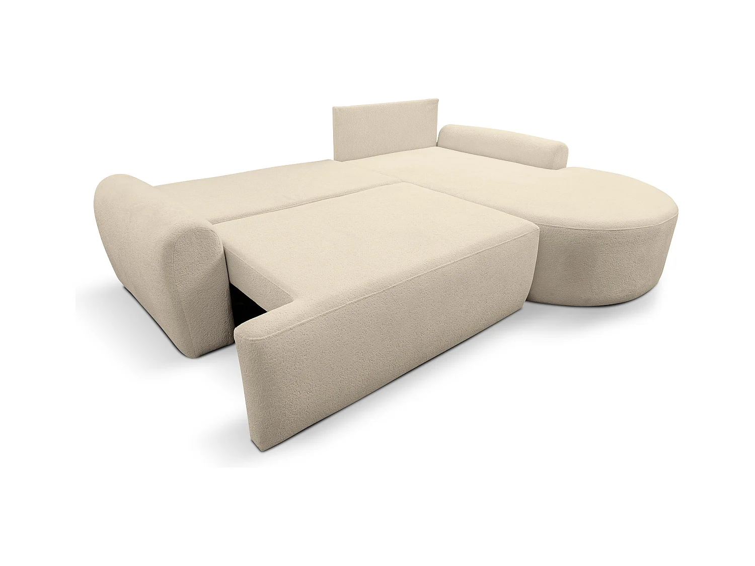 Canapé d'angle Dream avec fonction couchage et coffre de rangement, couleur : beige, tissu bouclé, pouf à droite