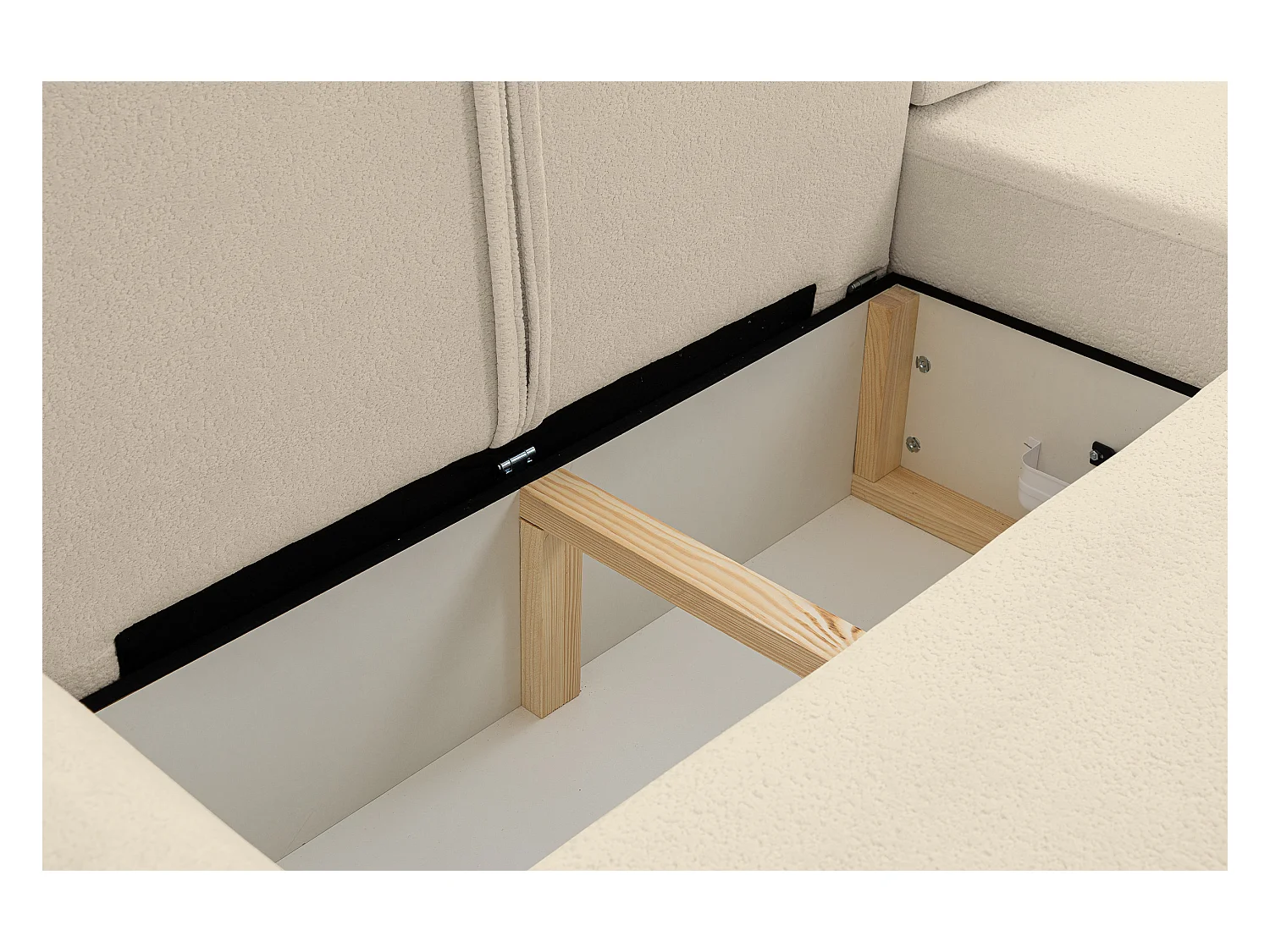 Canapé d'angle Dream avec fonction couchage et coffre de rangement, couleur : beige, tissu bouclé, pouf à droite