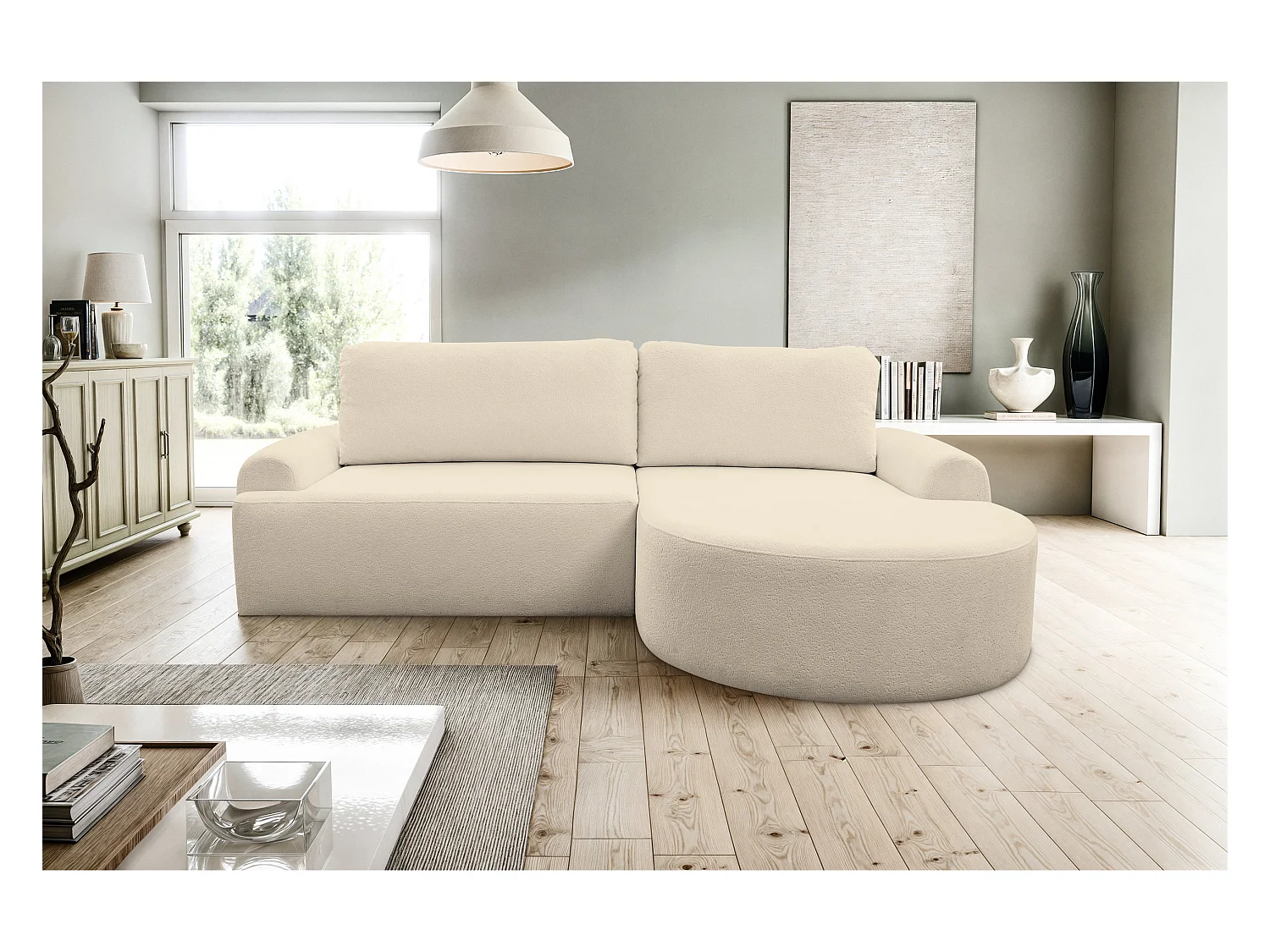 Canapé d'angle Dream avec fonction couchage et coffre de rangement, couleur : beige, tissu bouclé, pouf à droite