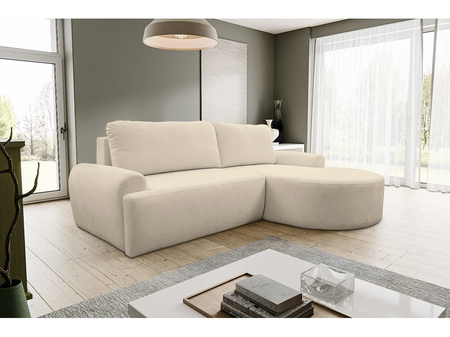 Canapé d'angle Dream avec fonction couchage et coffre de rangement, couleur : beige, tissu bouclé, pouf à droite