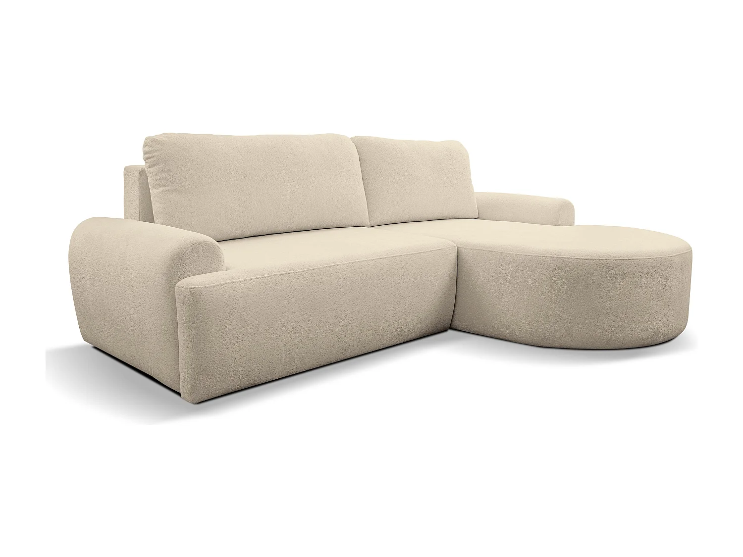 Canapé d'angle Dream avec fonction couchage et coffre de rangement, couleur : beige, tissu bouclé, pouf à droite