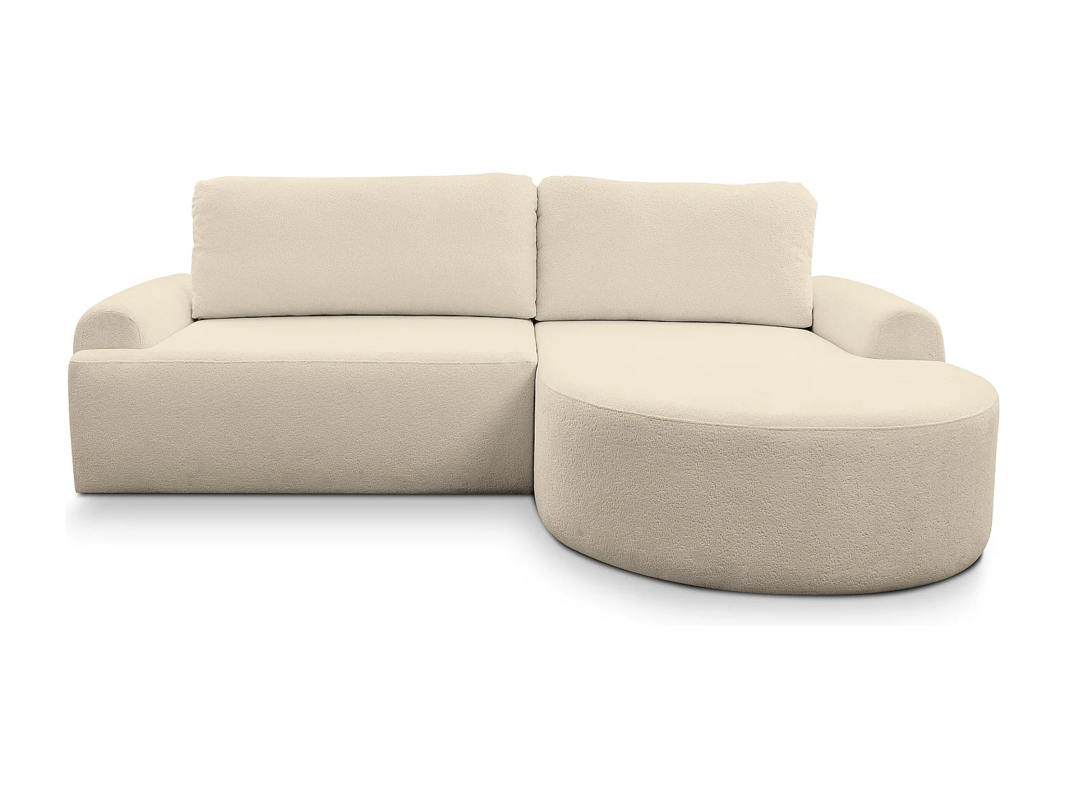 Canapé d'angle Dream avec fonction couchage et coffre de rangement, couleur : beige, tissu bouclé, pouf à droite