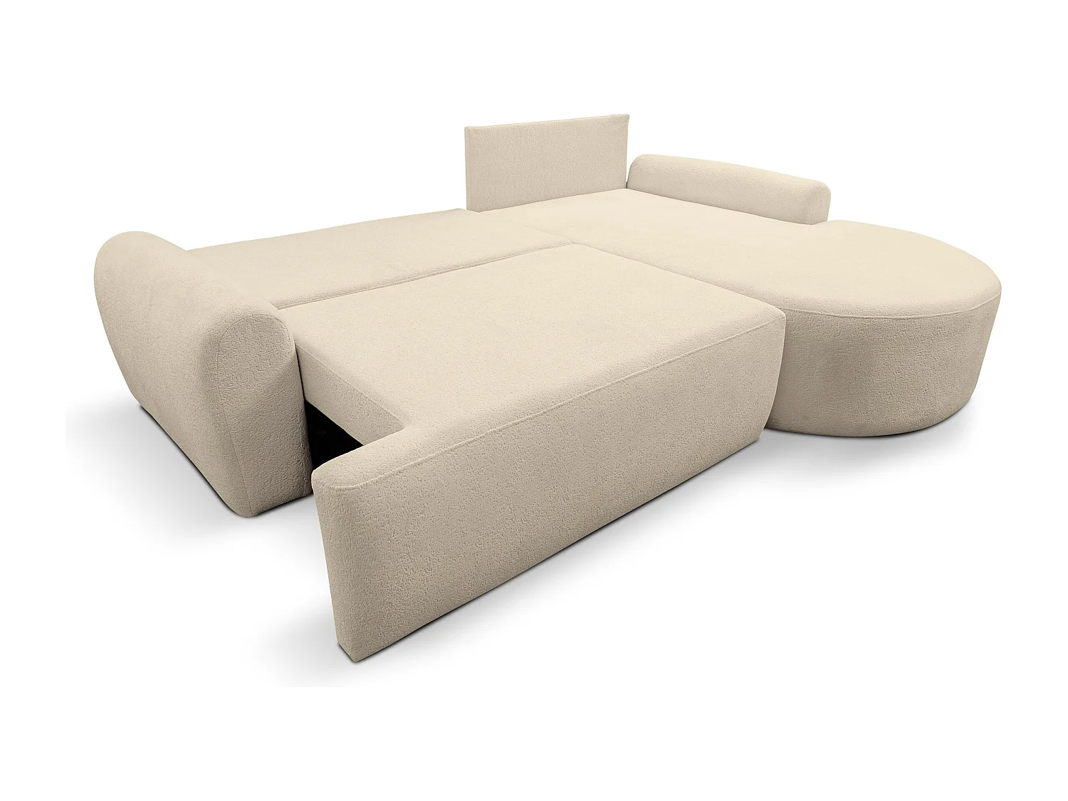 Canapé d'angle Dream avec fonction couchage et coffre de rangement, couleur : beige, tissu bouclé, pouf à droite