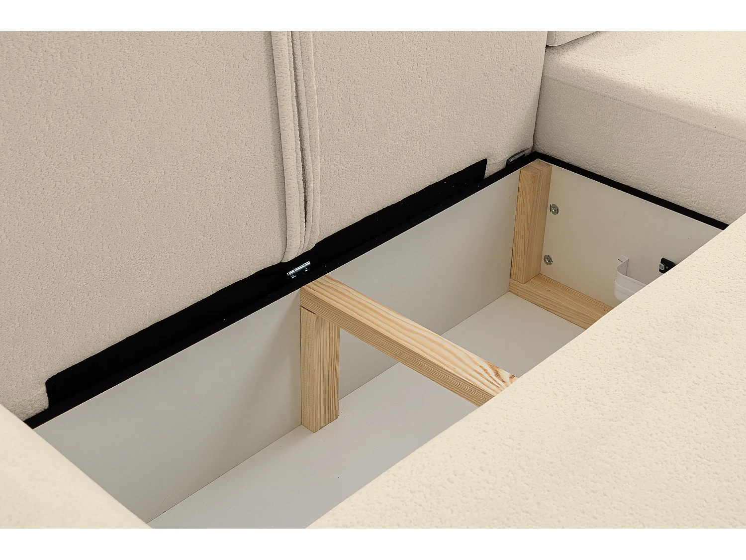 Canapé d'angle Dream avec fonction couchage et coffre de rangement, couleur : beige, tissu bouclé, pouf à droite