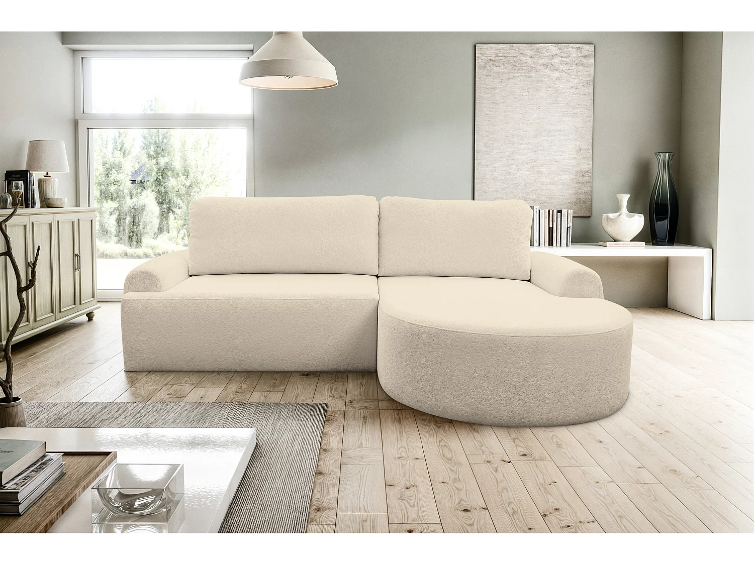 Canapé d'angle Dream avec fonction couchage et coffre de rangement, couleur : beige, tissu bouclé, pouf à droite