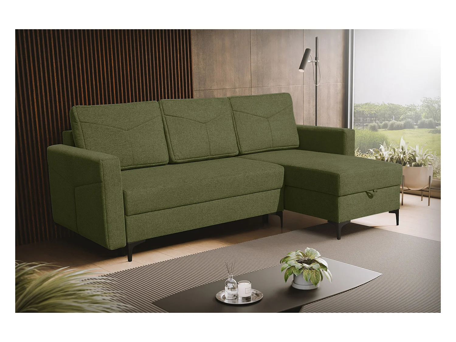 Canapé d'angle Kairo avec fonction couchage et coffre de rangement, couleur : vert, tissu velours, pouf à gauche ou à droite