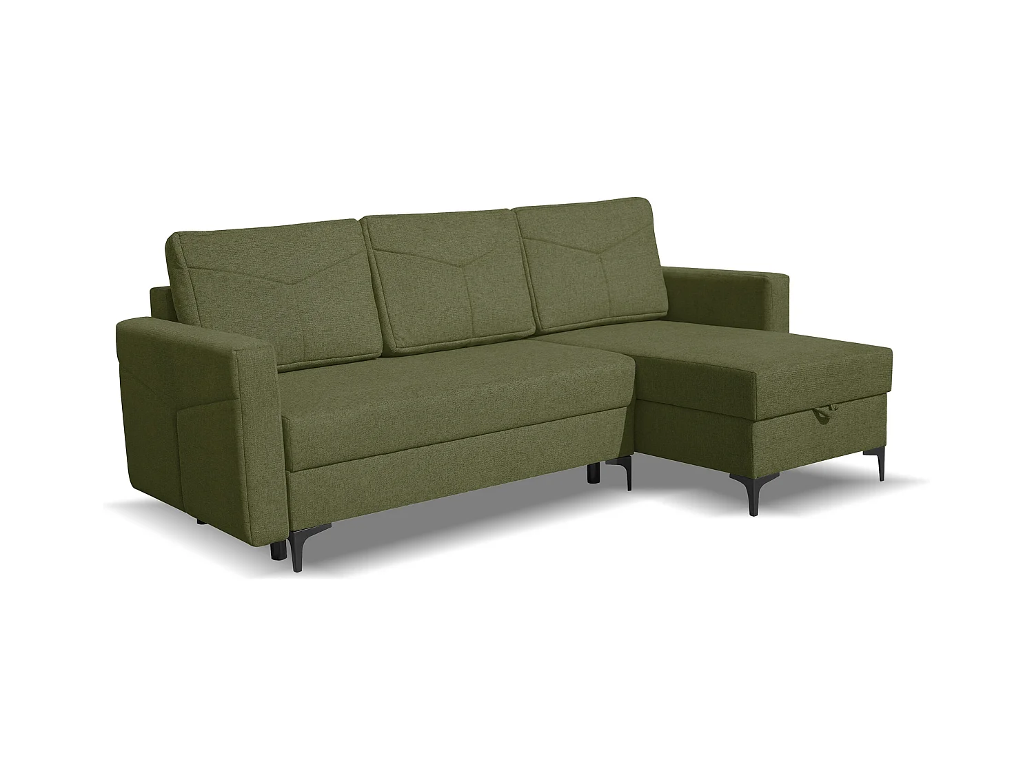 Canapé d'angle Kairo avec fonction couchage et coffre de rangement, couleur : vert, tissu velours, pouf à gauche ou à droite