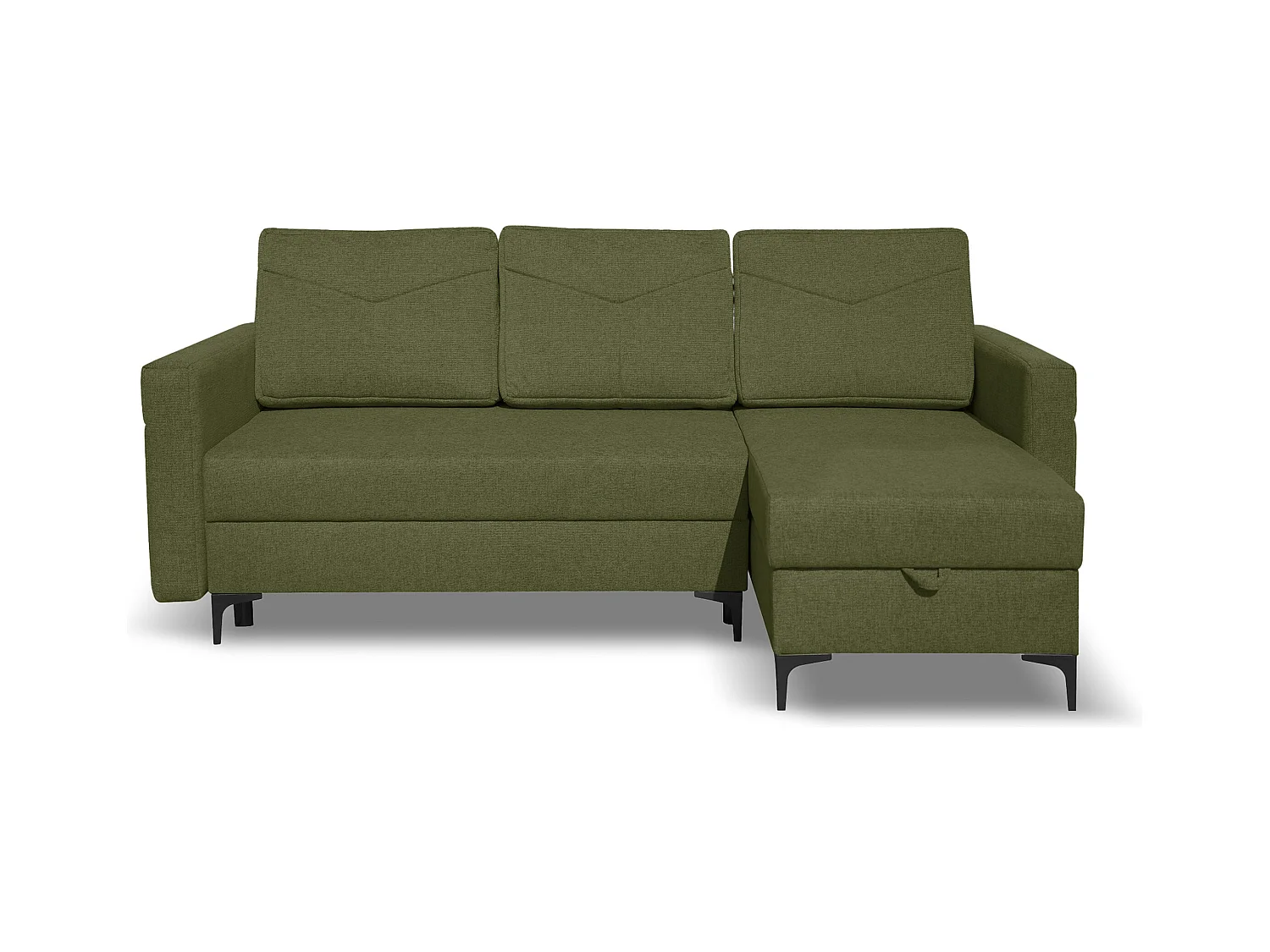 Canapé d'angle Kairo avec fonction couchage et coffre de rangement, couleur : vert, tissu velours, pouf à gauche ou à droite