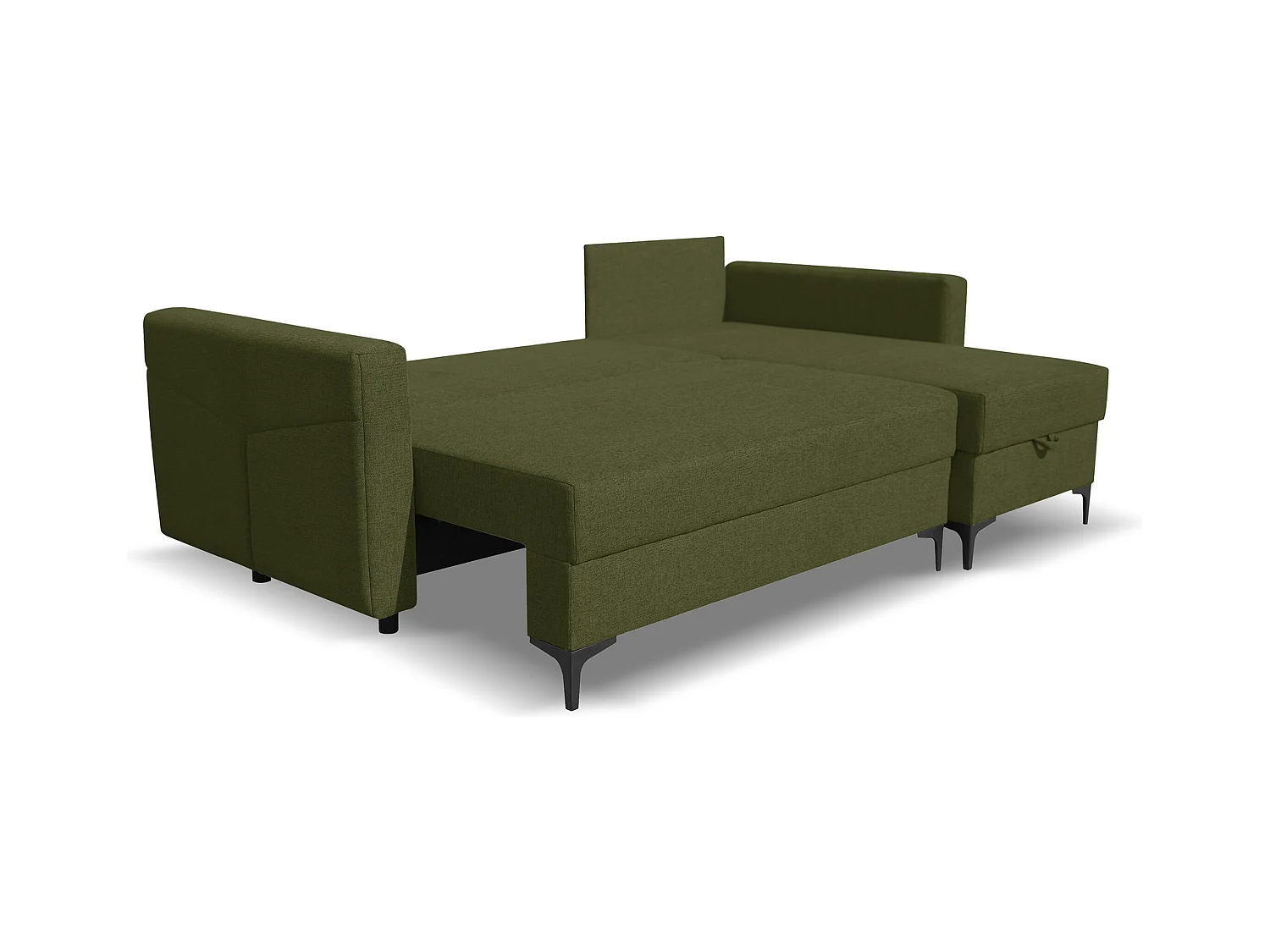 Canapé d'angle Kairo avec fonction couchage et coffre de rangement, couleur : vert, tissu velours, pouf à gauche ou à droite