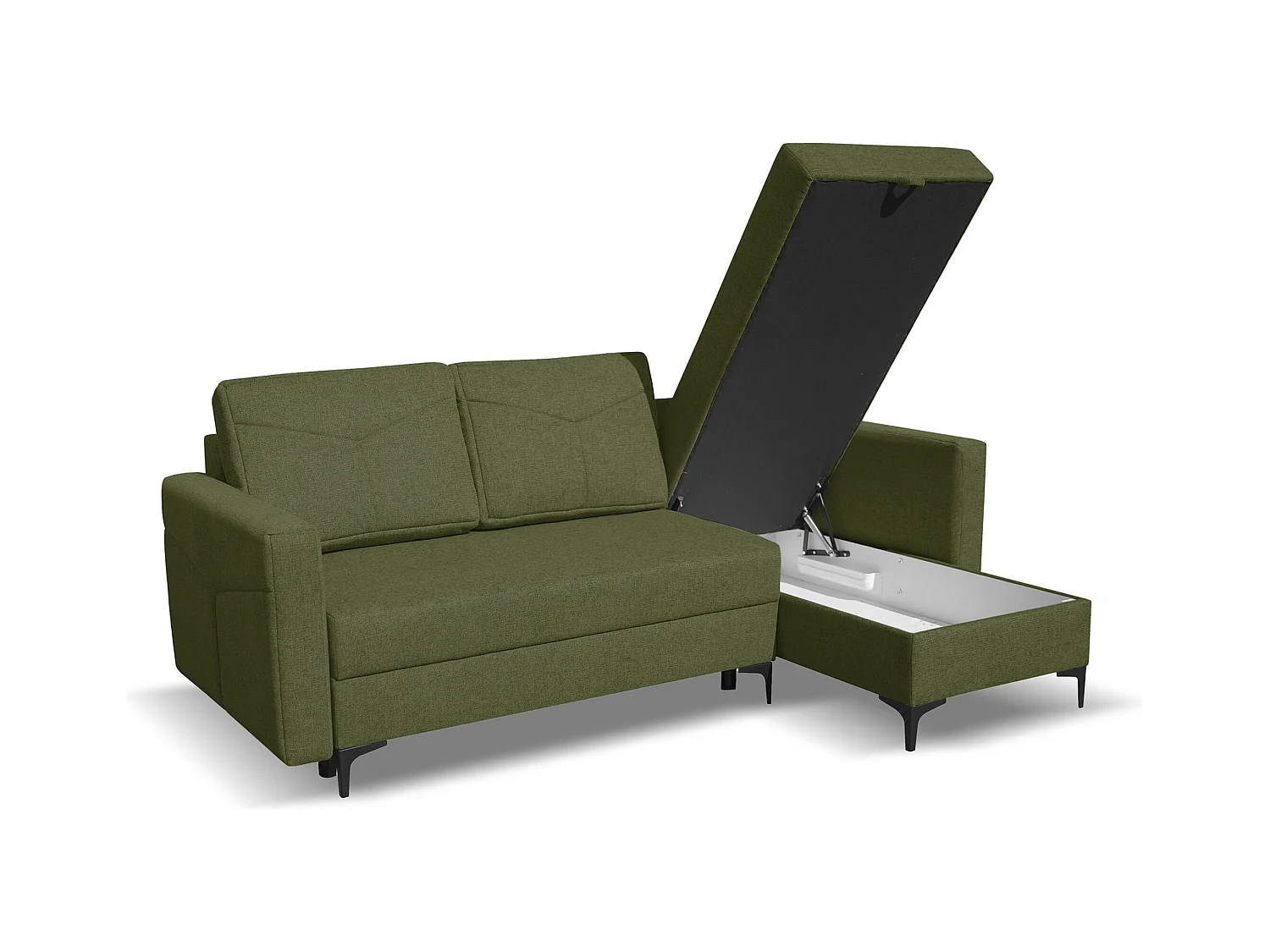 Canapé d'angle Kairo avec fonction couchage et coffre de rangement, couleur : vert, tissu velours, pouf à gauche ou à droite