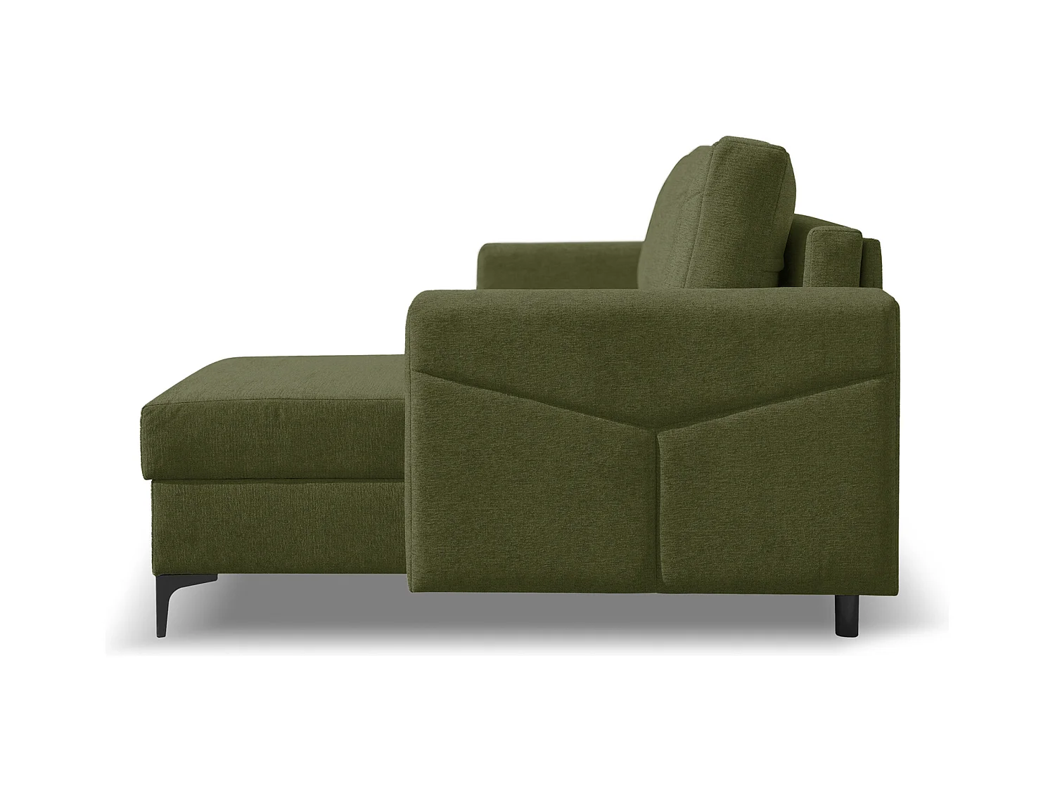 Canapé d'angle Kairo avec fonction couchage et coffre de rangement, couleur : vert, tissu velours, pouf à gauche ou à droite
