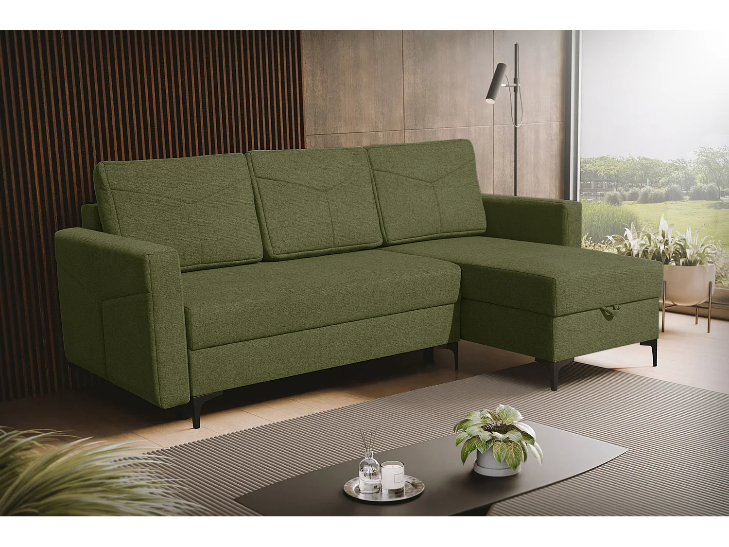 Canapé d'angle Kairo avec fonction couchage et coffre de rangement, couleur : vert, tissu velours, pouf à gauche ou à droite