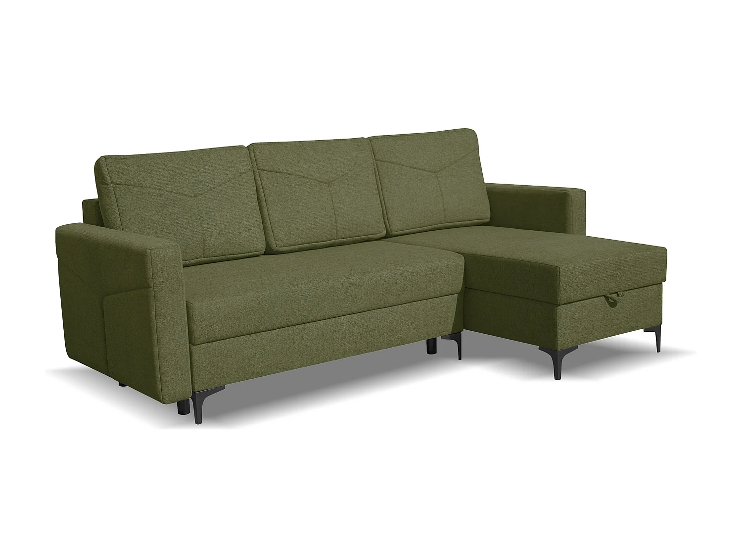 Canapé d'angle Kairo avec fonction couchage et coffre de rangement, couleur : vert, tissu velours, pouf à gauche ou à droite