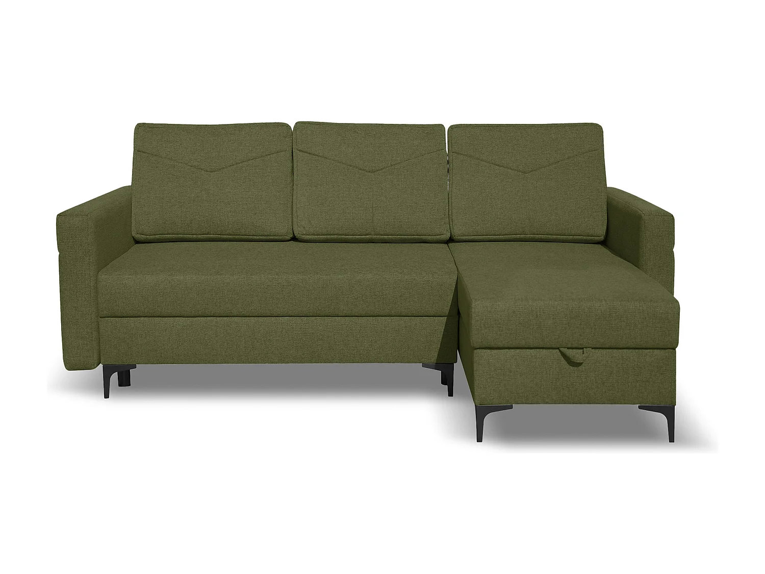 Canapé d'angle Kairo avec fonction couchage et coffre de rangement, couleur : vert, tissu velours, pouf à gauche ou à droite