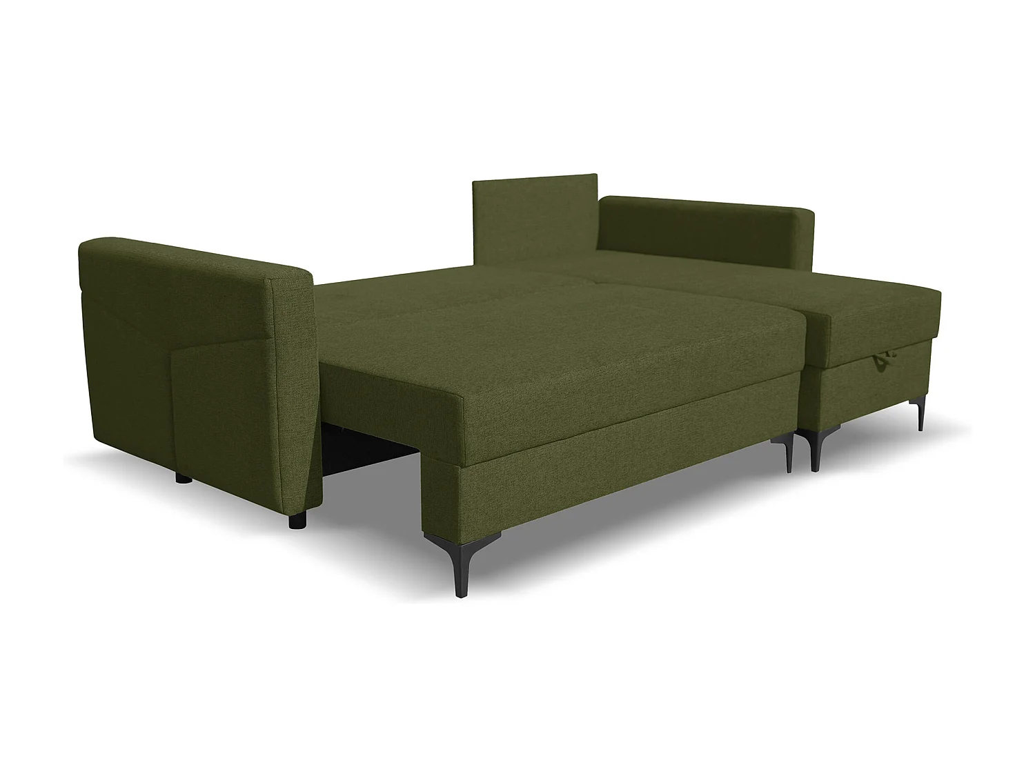 Canapé d'angle Kairo avec fonction couchage et coffre de rangement, couleur : vert, tissu velours, pouf à gauche ou à droite