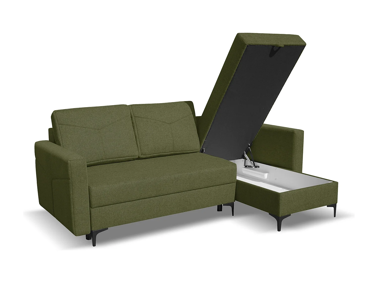 Canapé d'angle Kairo avec fonction couchage et coffre de rangement, couleur : vert, tissu velours, pouf à gauche ou à droite