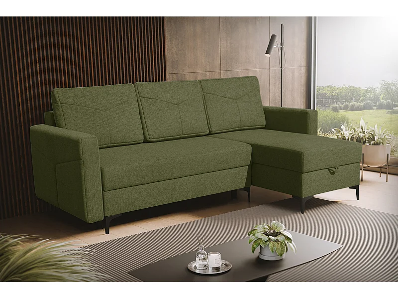 Canapé d'angle Kairo avec fonction couchage et coffre de rangement, couleur : vert, tissu velours, pouf à gauche ou à droite