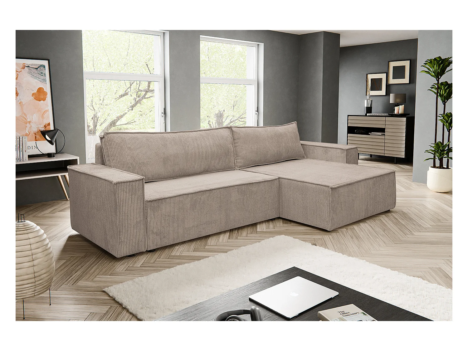 Canapé d'angle Hugo XL avec fonction couchage et coffre de rangement, couleur : beige, tissu cordé, ottomane à gauche ou à droite