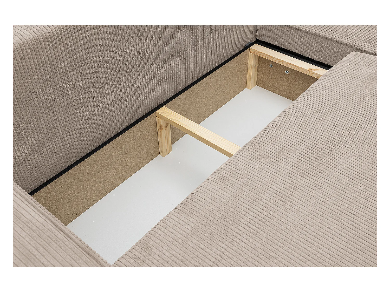 Canapé d'angle Hugo XL avec fonction couchage et coffre de rangement, couleur : beige, tissu cordé, ottomane à gauche ou à droite
