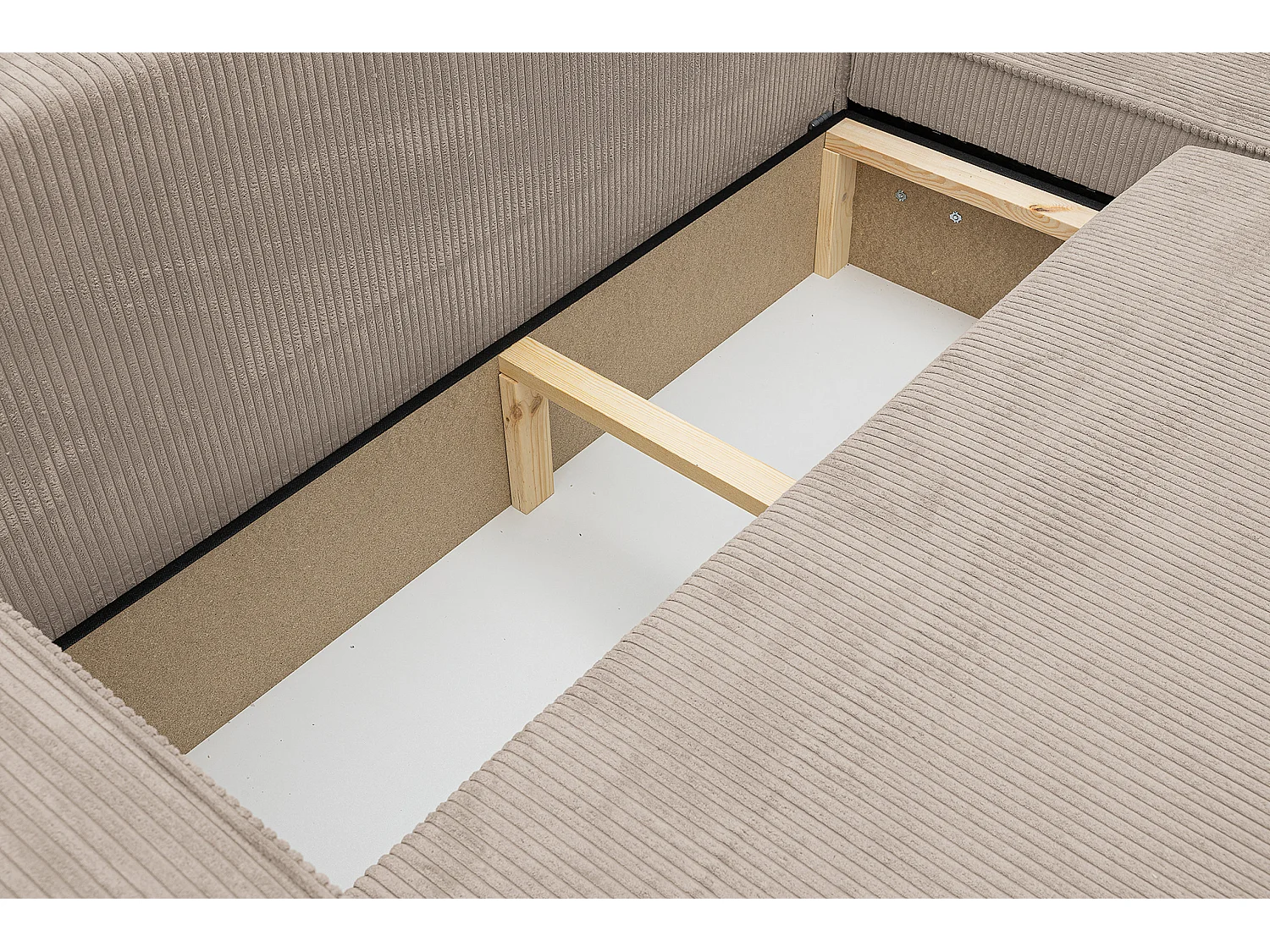 Canapé d'angle Hugo XL avec fonction couchage et coffre de rangement, couleur : beige, tissu cordé, ottomane à gauche ou à droite