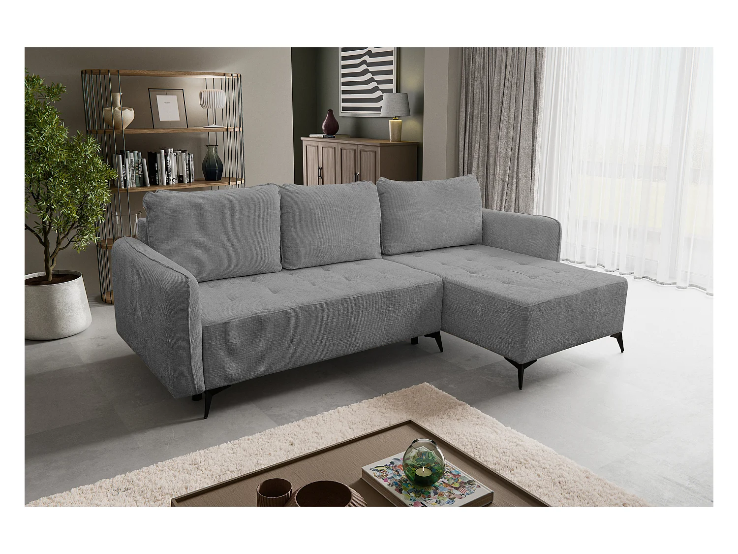 Canapé d'angle Lucky avec fonction couchage et coffre de rangement, couleur : gris foncé, tissu structuré, pouf à gauche ou à droite