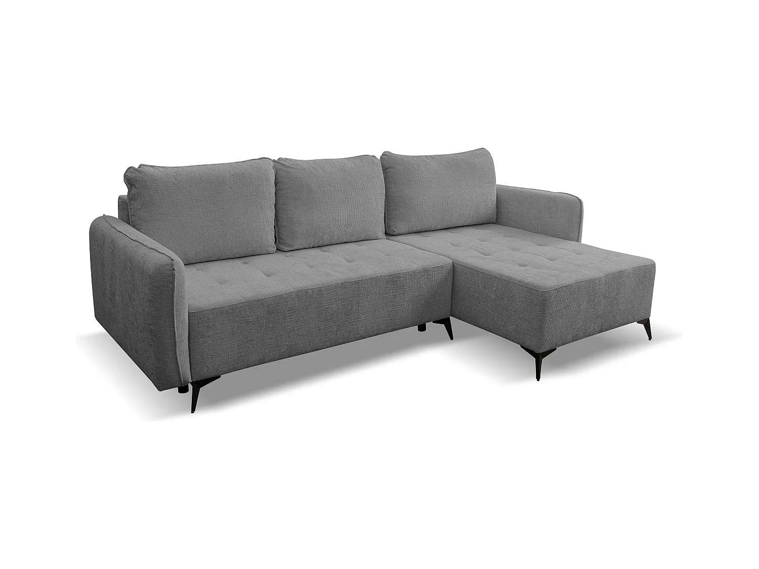 Canapé d'angle Lucky avec fonction couchage et coffre de rangement, couleur : gris foncé, tissu structuré, pouf à gauche ou à droite