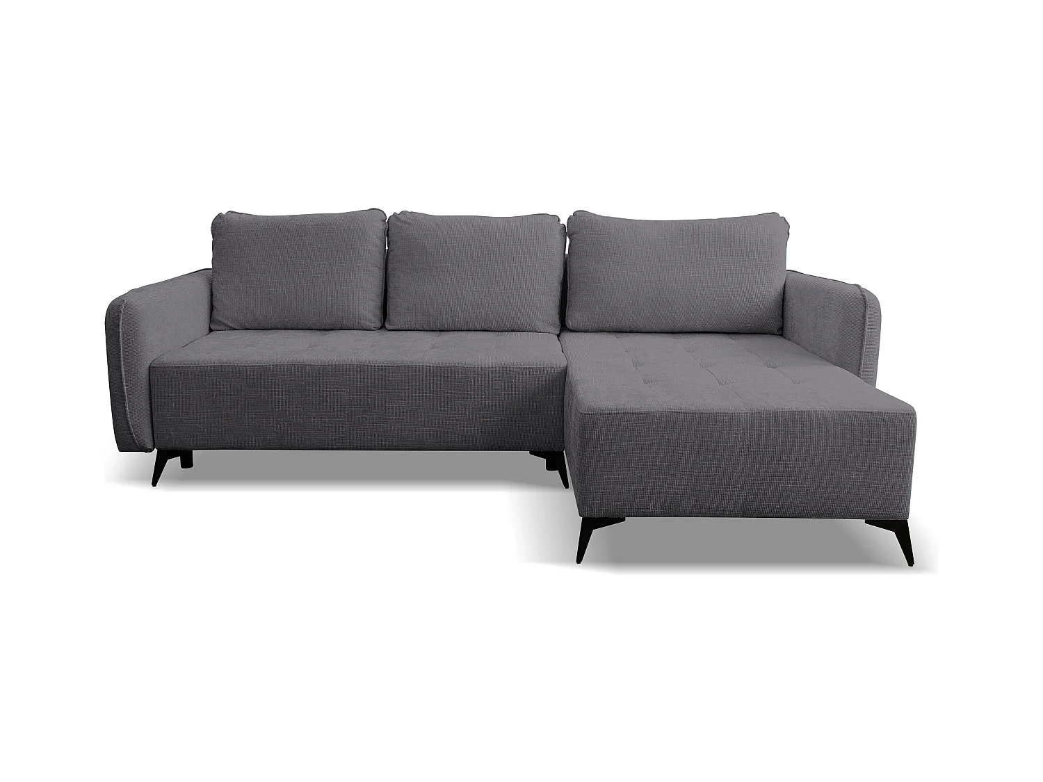Canapé d'angle Lucky avec fonction couchage et coffre de rangement, couleur : gris foncé, tissu structuré, pouf à gauche ou à droite