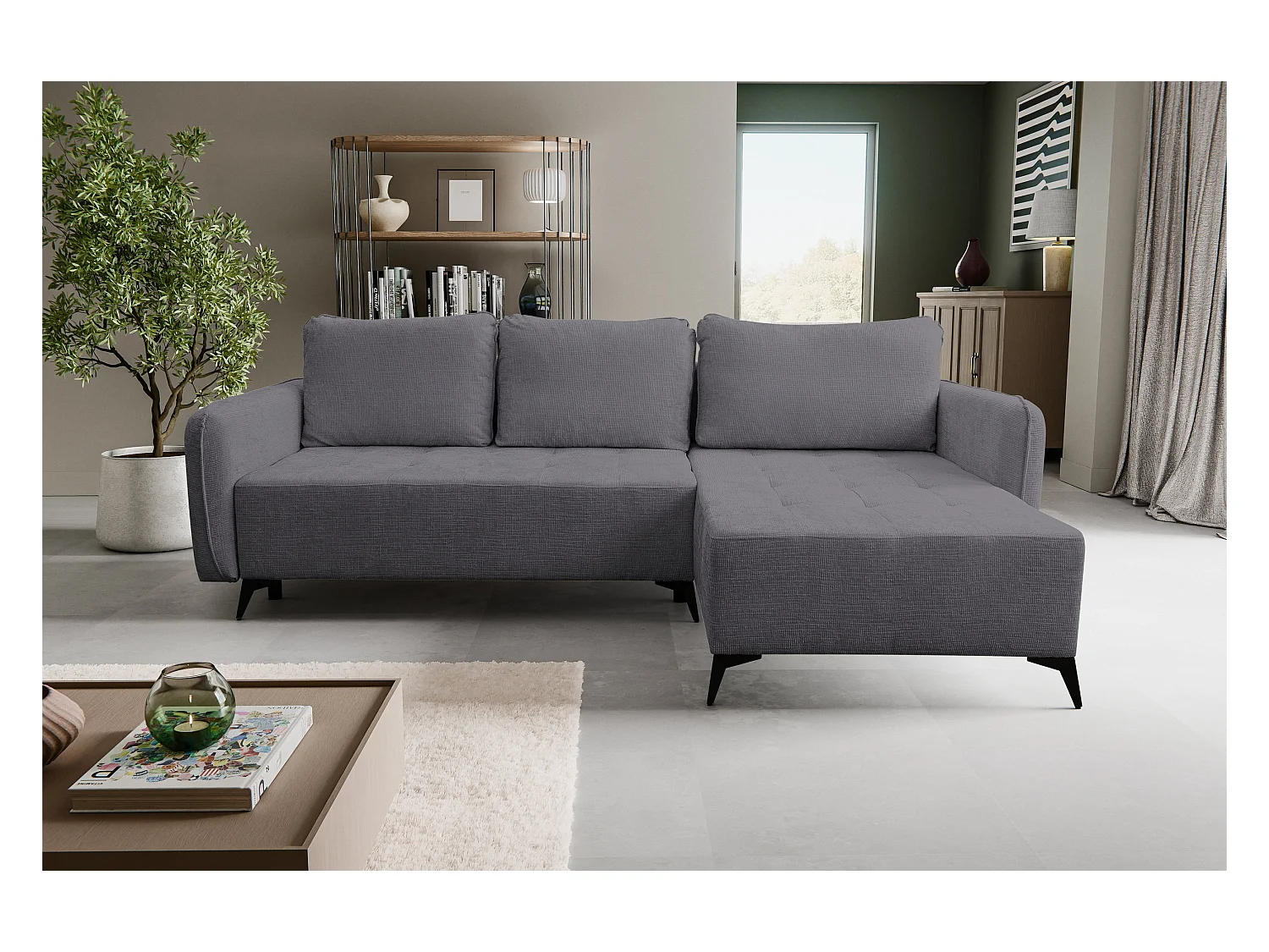 Canapé d'angle Lucky avec fonction couchage et coffre de rangement, couleur : gris foncé, tissu structuré, pouf à gauche ou à droite