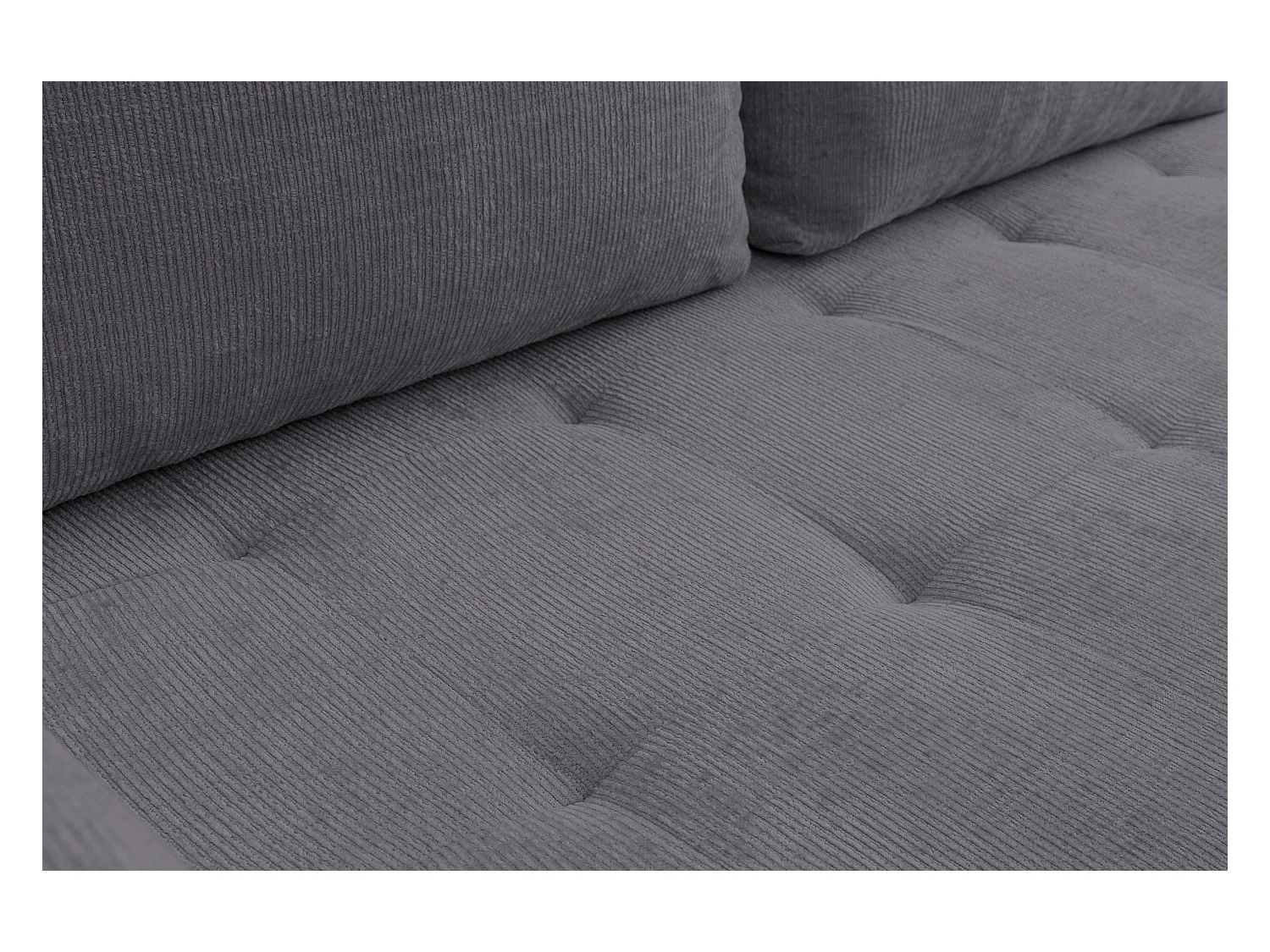 Canapé d'angle Lucky avec fonction couchage et coffre de rangement, couleur : gris foncé, tissu structuré, pouf à gauche ou à droite