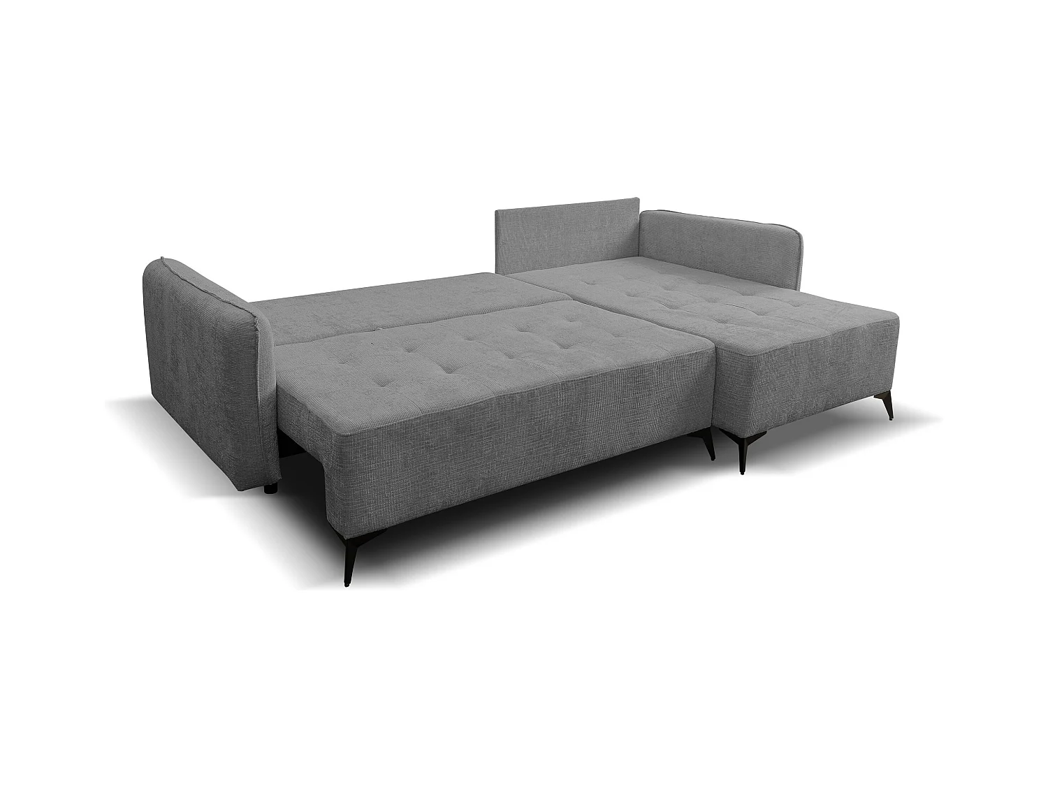 Canapé d'angle Lucky avec fonction couchage et coffre de rangement, couleur : gris foncé, tissu structuré, pouf à gauche ou à droite