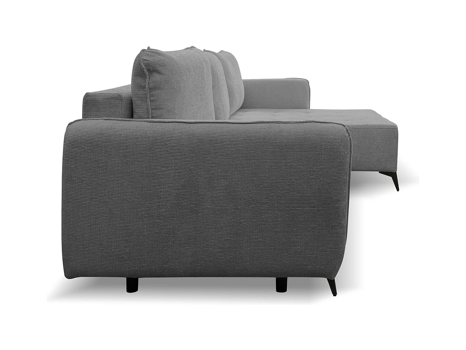 Canapé d'angle Lucky avec fonction couchage et coffre de rangement, couleur : gris foncé, tissu structuré, pouf à gauche ou à droite