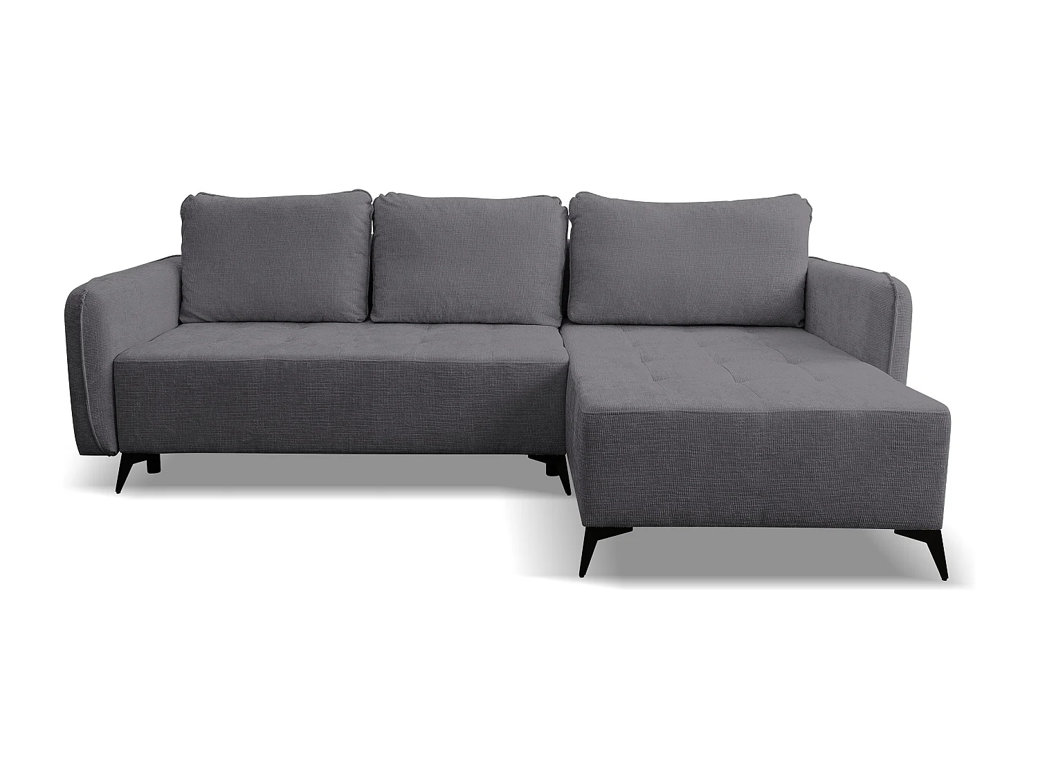Canapé d'angle Lucky avec fonction couchage et coffre de rangement, couleur : gris foncé, tissu structuré, pouf à gauche ou à droite