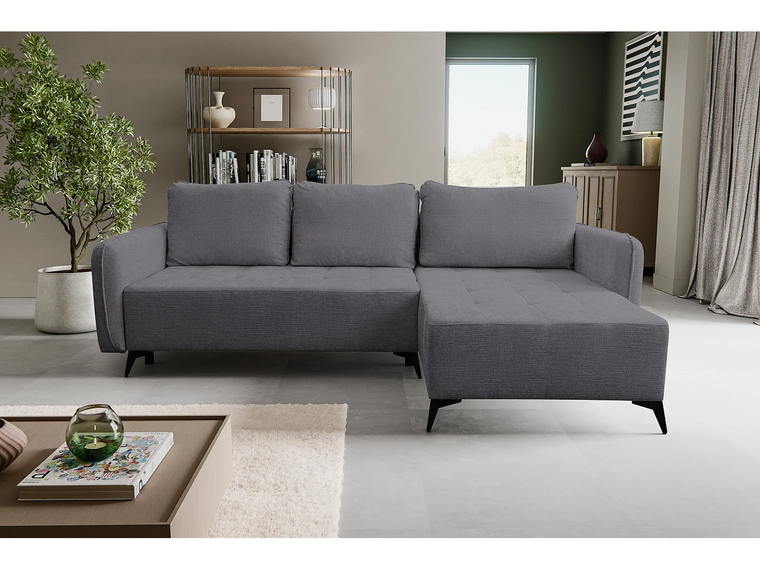 Canapé d'angle Lucky avec fonction couchage et coffre de rangement, couleur : gris foncé, tissu structuré, pouf à gauche ou à droite