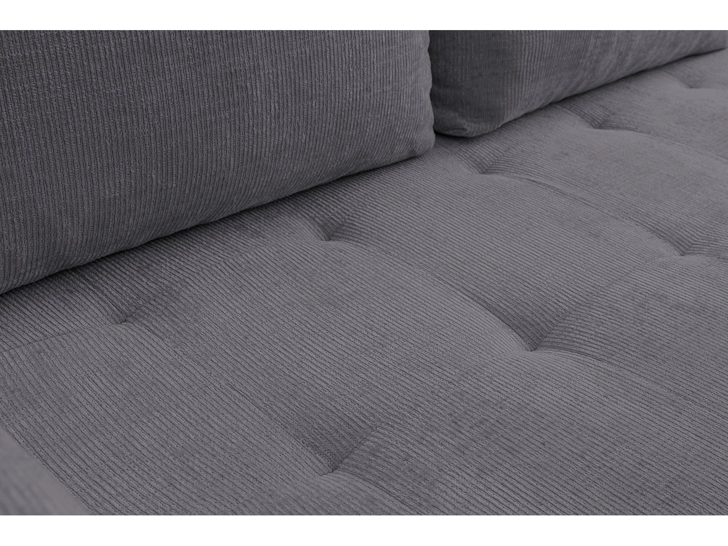 Canapé d'angle Lucky avec fonction couchage et coffre de rangement, couleur : gris foncé, tissu structuré, pouf à gauche ou à droite